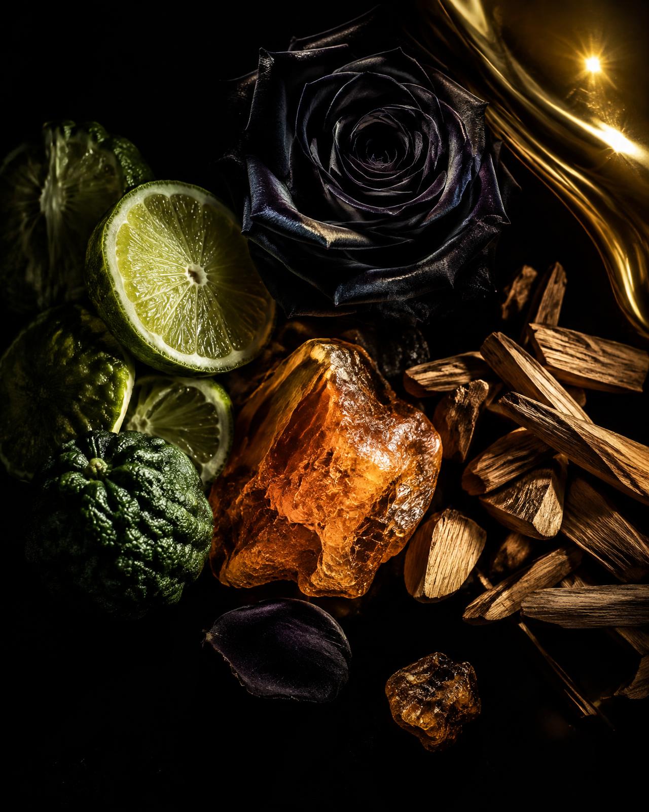Bergamote, rose noire, ambre et santal
